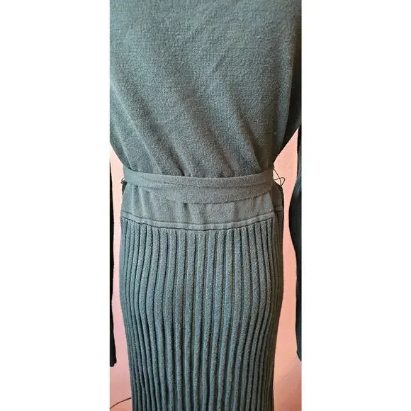 Sandra Darren Mock Neck Tie Waist Sweater Dress Women Size L Dark Green Ribbed - Picture 3 of 7